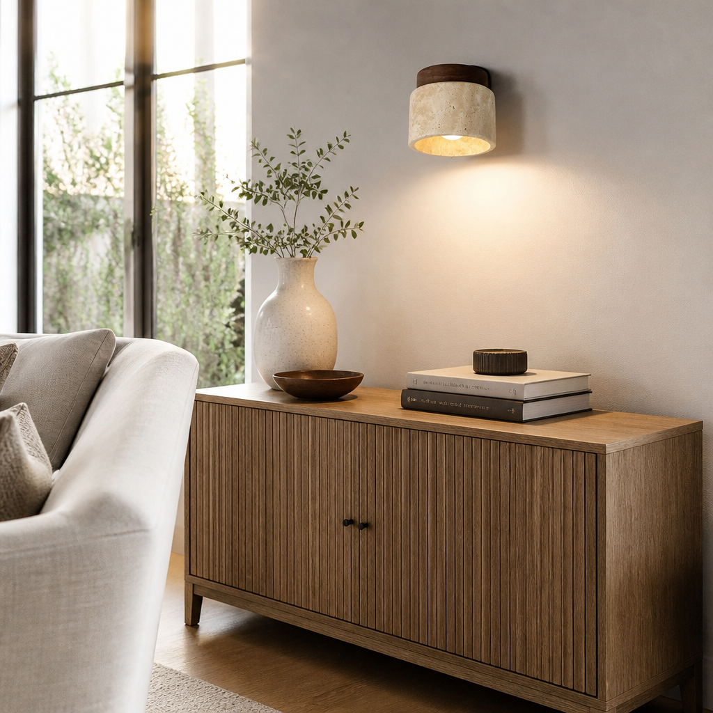Wabi-Sabi Flush Mount Ceiling Light - Travertine Stone & Wood Lamp for Hallway & Study