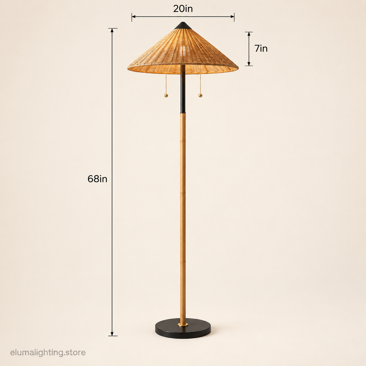 Rattan Floor Lamp 68 Inch - Twin E26 Woven Shade & Marble Base