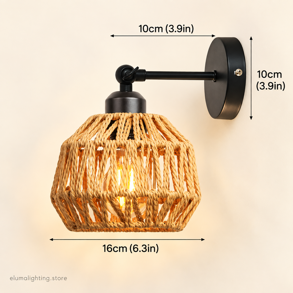 Woven Rattan Wall Light - Black E27 Hemp Rope Bedside Sconce for Bedroom & Living Room