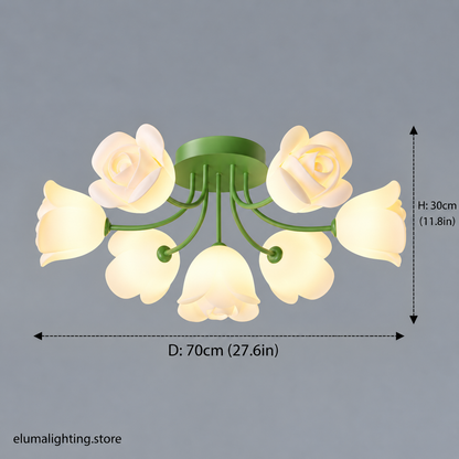 French Glass Flower LED Ceiling Lamp - Hot Bent Floral Shades on Brushed Nickel Frame