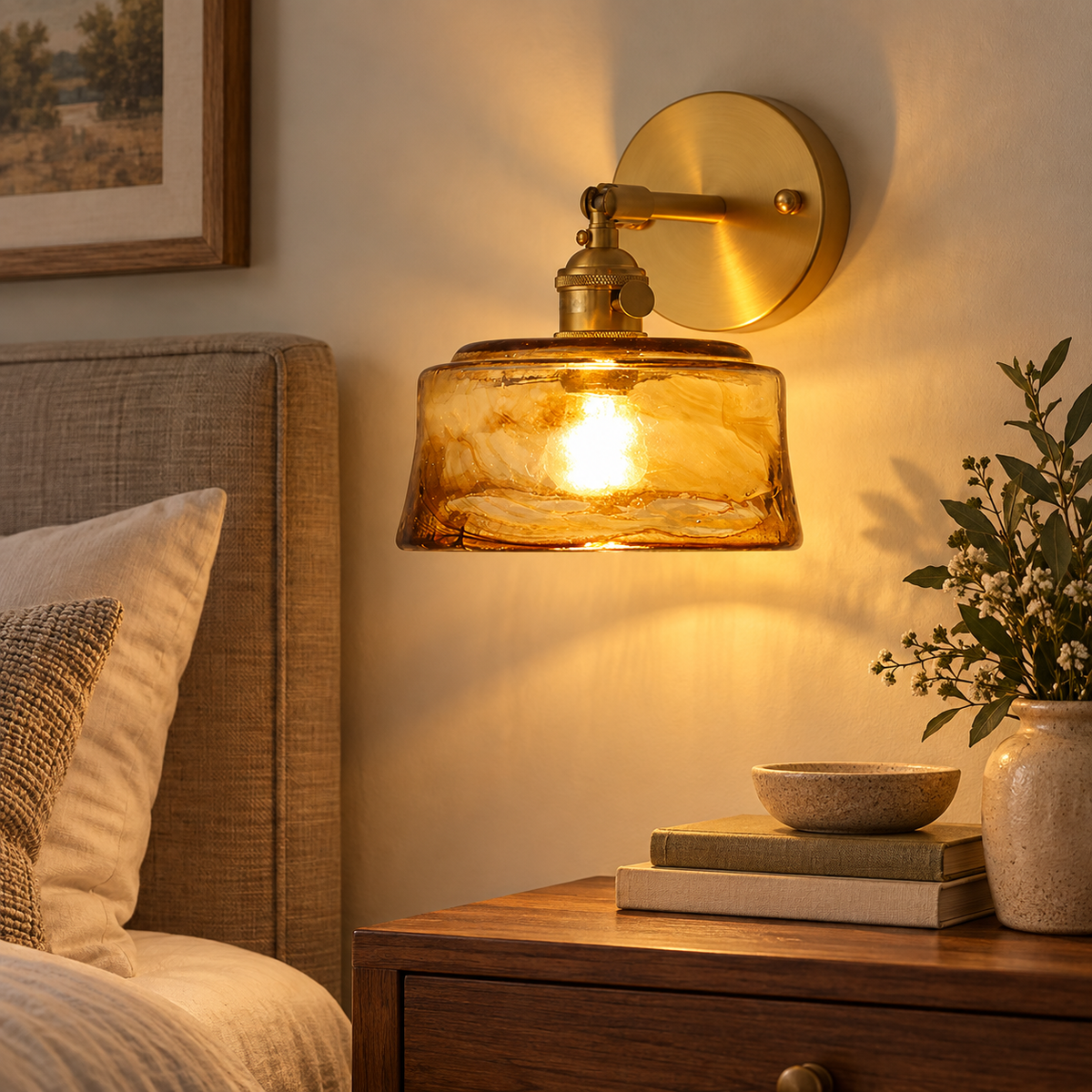 Vintage Amber Glass Bra Lamp – Brass E27 Wall Sconce