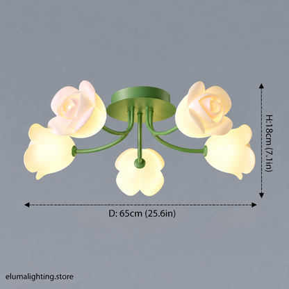 French Glass Flower LED Ceiling Lamp - Hot Bent Floral Shades on Brushed Nickel Frame