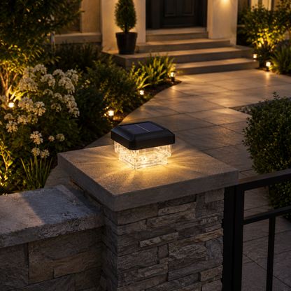 Solar LED Post Cap Light - IP65 Waterproof ABS and PVC Fence Post Light with 8 LEDs and Warm White Glow, Sized for 60x40 to 100x100mm Posts