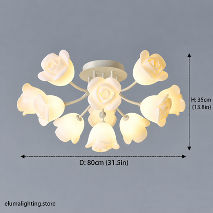 French Glass Flower LED Ceiling Lamp - Hot Bent Floral Shades on Brushed Nickel Frame