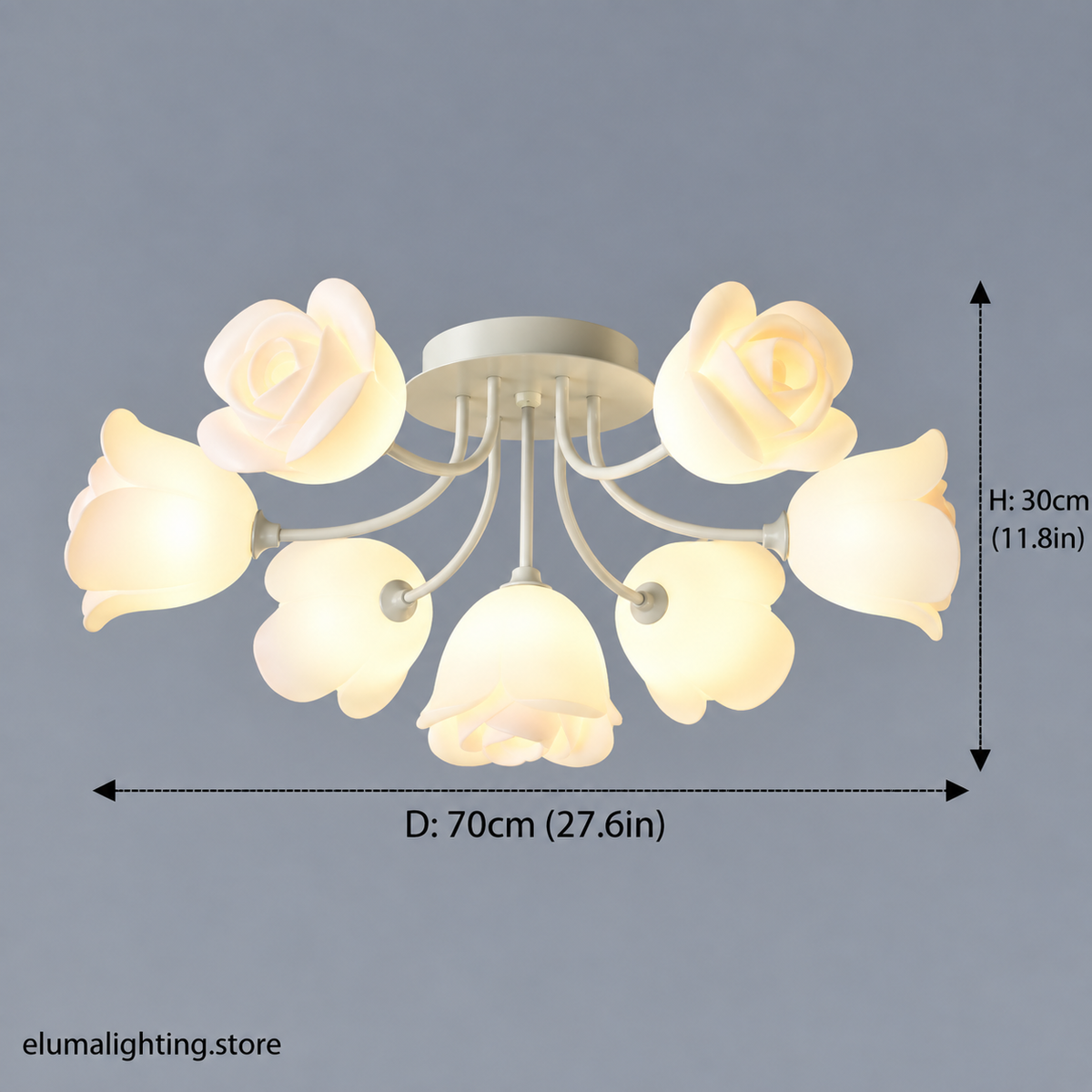 French Glass Flower LED Ceiling Lamp - Hot Bent Floral Shades on Brushed Nickel Frame