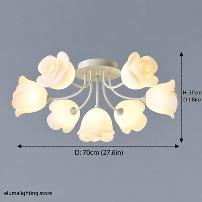 French Glass Flower LED Ceiling Lamp - Hot Bent Floral Shades on Brushed Nickel Frame