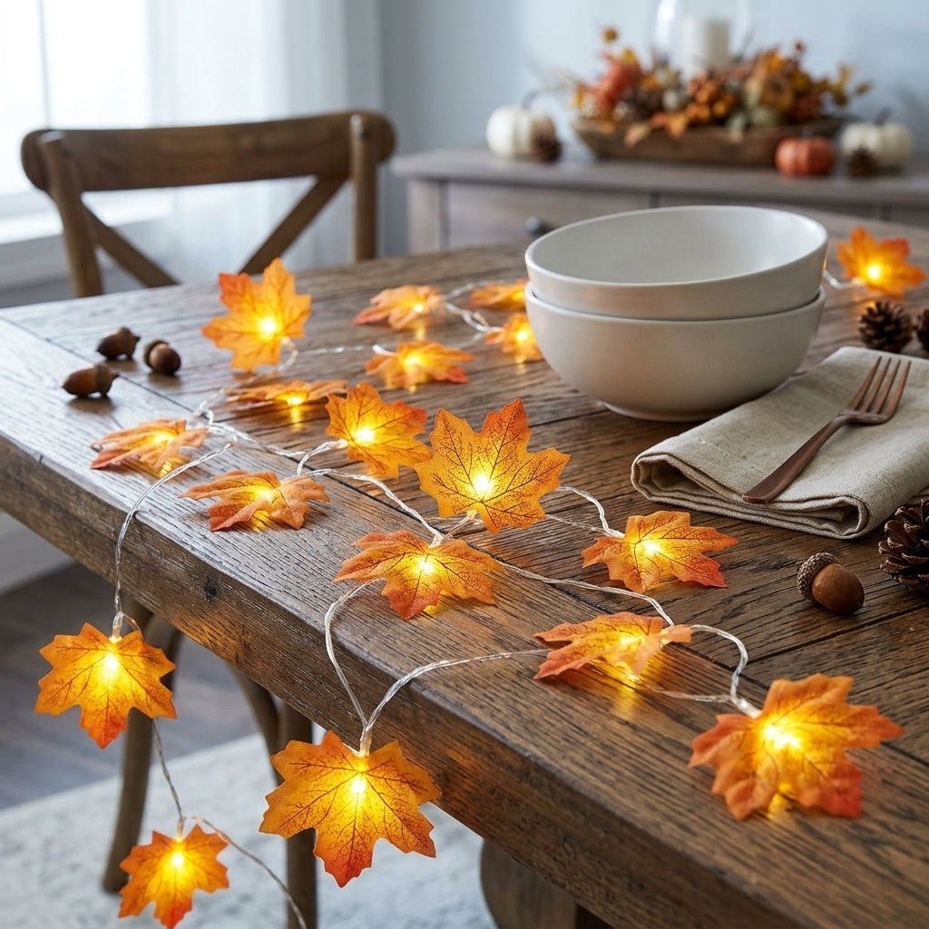 Maple Leaf String Lights - Amber LED Fall Fairy Lights for Mantel & Thanksgiving Table