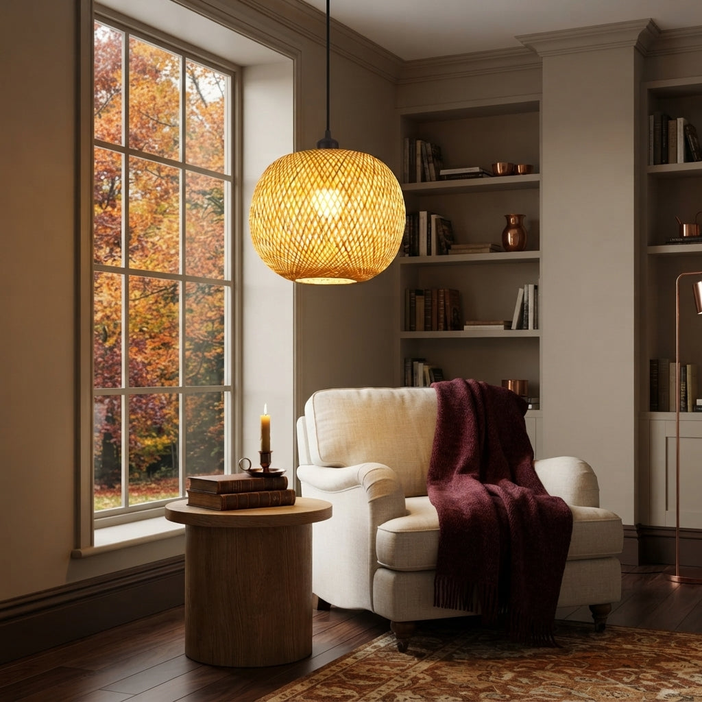Bamboo Rattan Pendant Light - 20cm Woven Lantern Shade