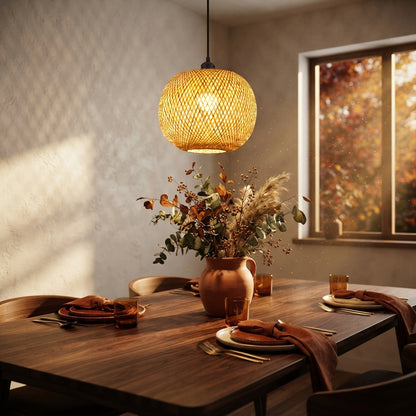 Bamboo Rattan Pendant Light - 20cm Woven Lantern Shade