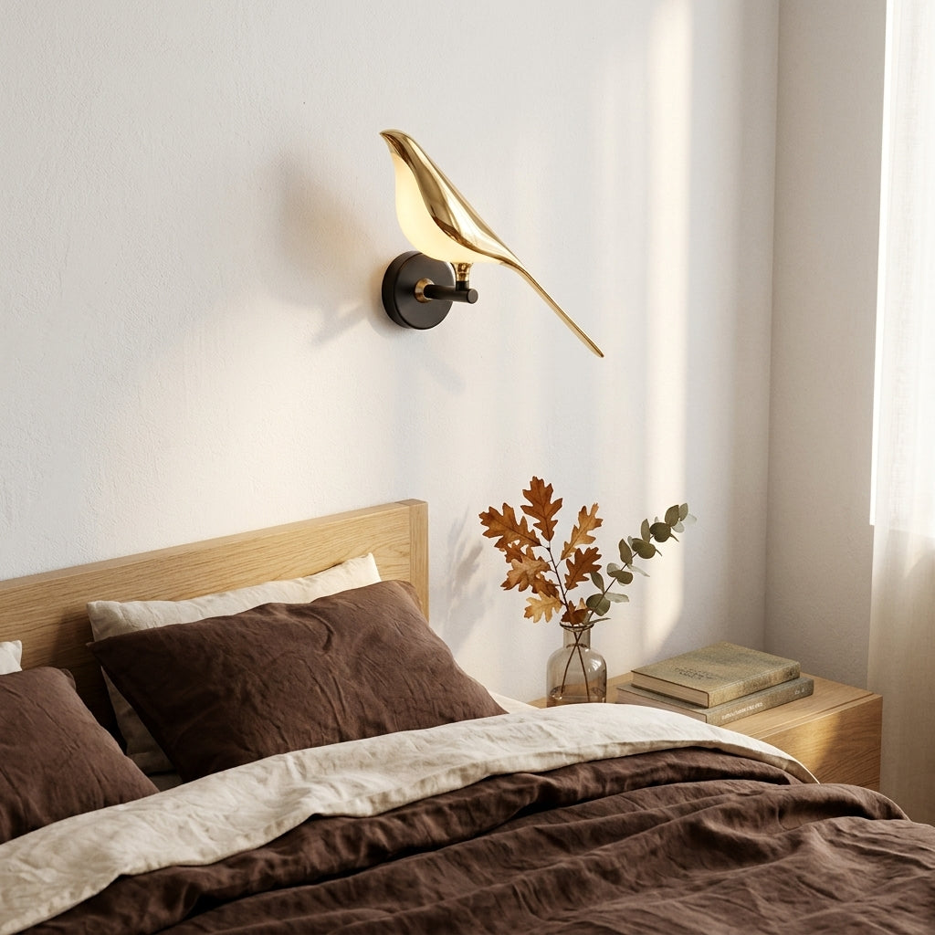 Nordic Bird Wall Lamp - Rotatable Gold LED Sconce with Remote for Bedside & Living Room