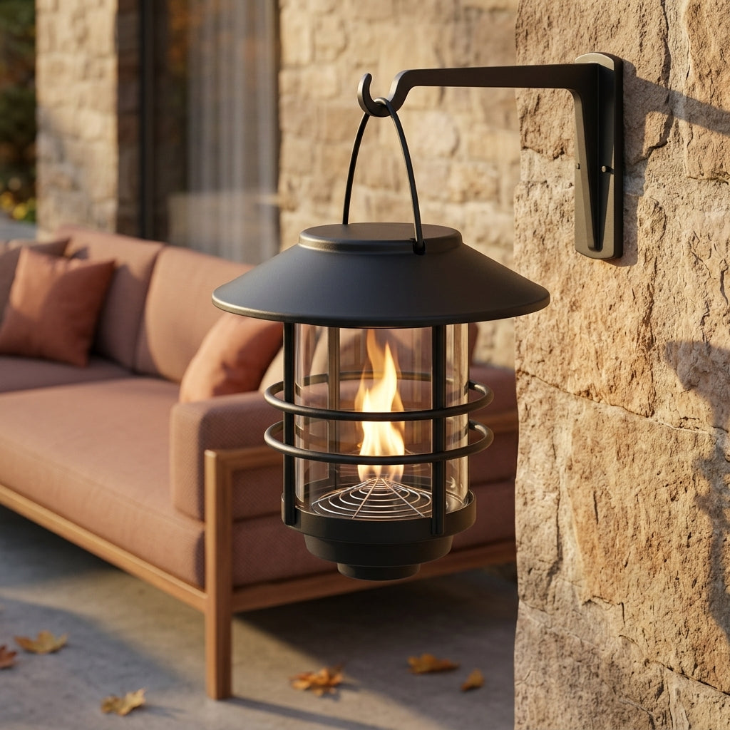 Solar Flame Effect Hanging Lantern - Glass & Metal Weatherproof Wall or Fence Light