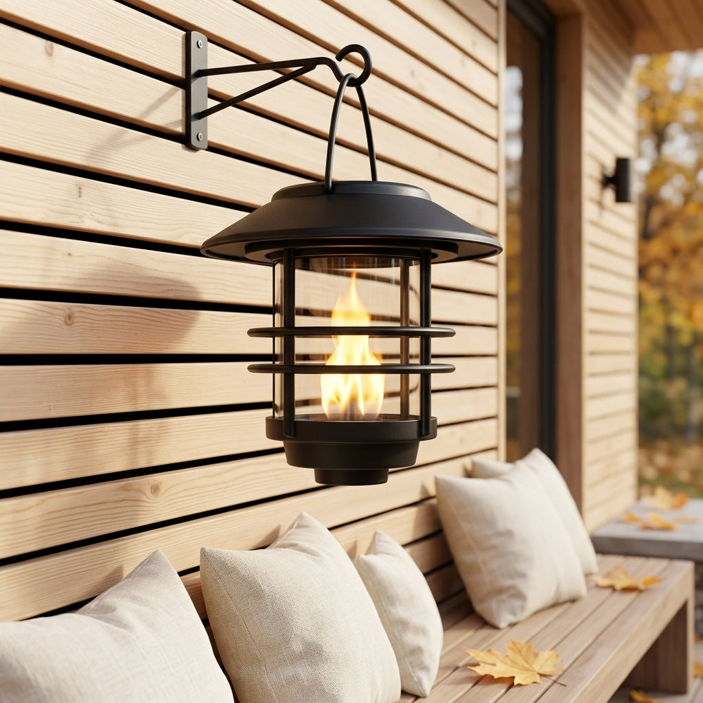 Solar Flame Effect Hanging Lantern - Glass & Metal Weatherproof Wall or Fence Light