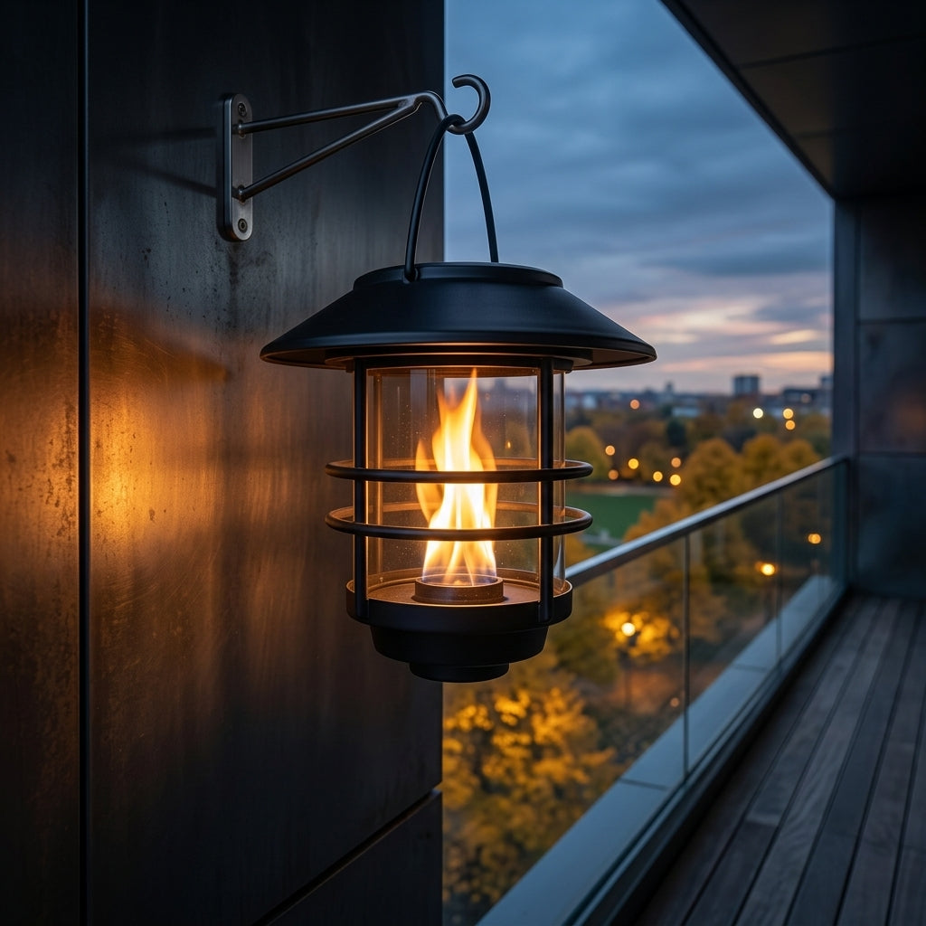 Solar Flame Effect Hanging Lantern - Glass & Metal Weatherproof Wall or Fence Light