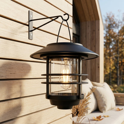 Solar Flame Effect Hanging Lantern - Glass & Metal Weatherproof Wall or Fence Light