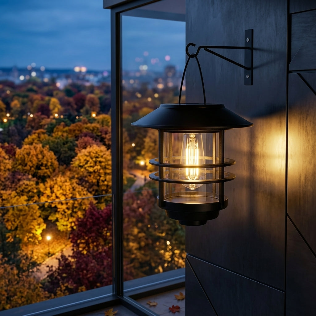 Solar Flame Effect Hanging Lantern - Glass & Metal Weatherproof Wall or Fence Light