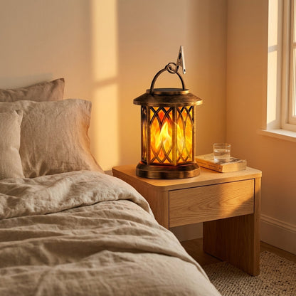 Solar Flickering Candle Lantern - Glass Panelled Storm Lantern in Black or Bronze with Automatic Dusk Lighting for Patio, Doorstep and Walls