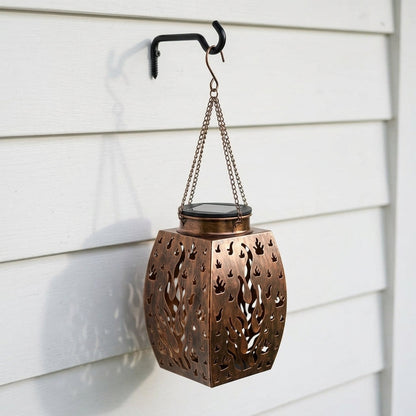 Bronze Solar Hanging Lanterns - Matched Pair of 16 Inch Metal Flame Effect Lanterns for Shepherd's Hooks, Porch Brackets and Pergola Beams