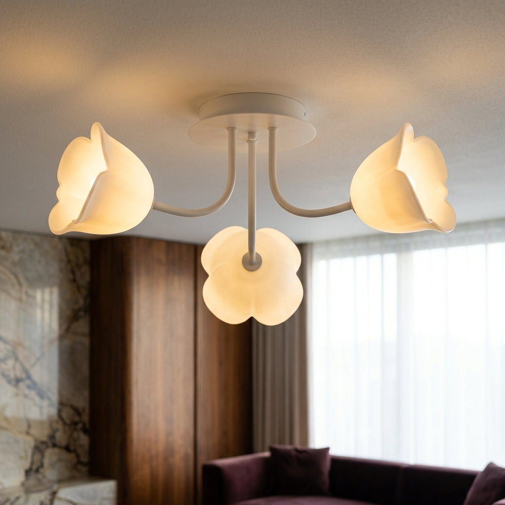 French Glass Flower LED Ceiling Lamp - Hot Bent Floral Shades on Brushed Nickel Frame