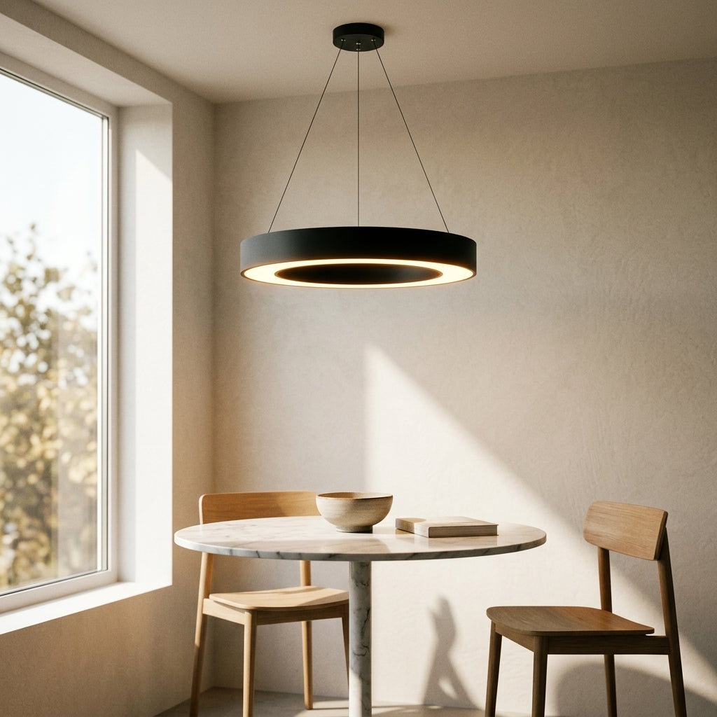Circle Ring LED Pendant Light - Minimalist Black or White Hoop for Dining & Living Room
