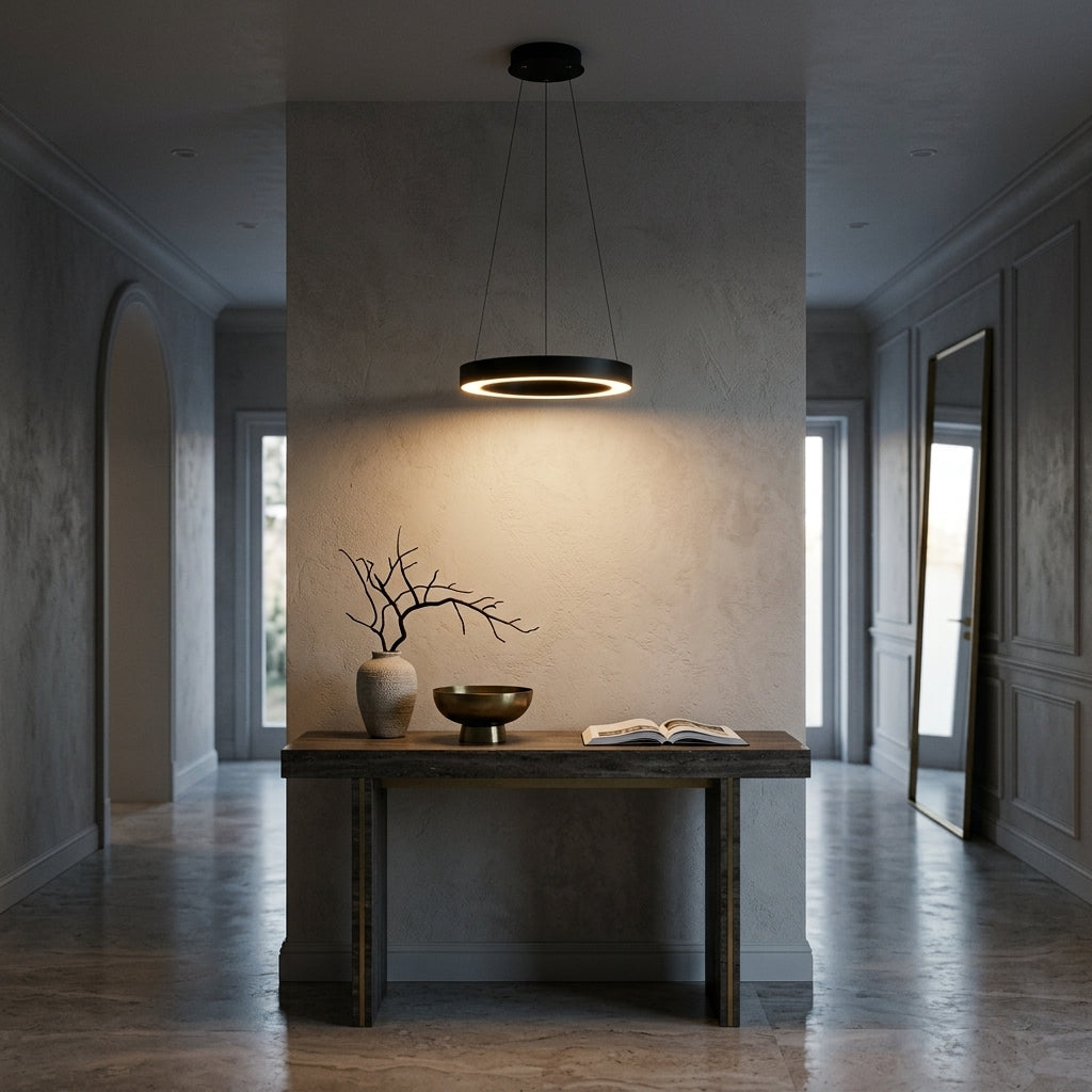 Circle Ring LED Pendant Light - Minimalist Black or White Hoop for Dining & Living Room