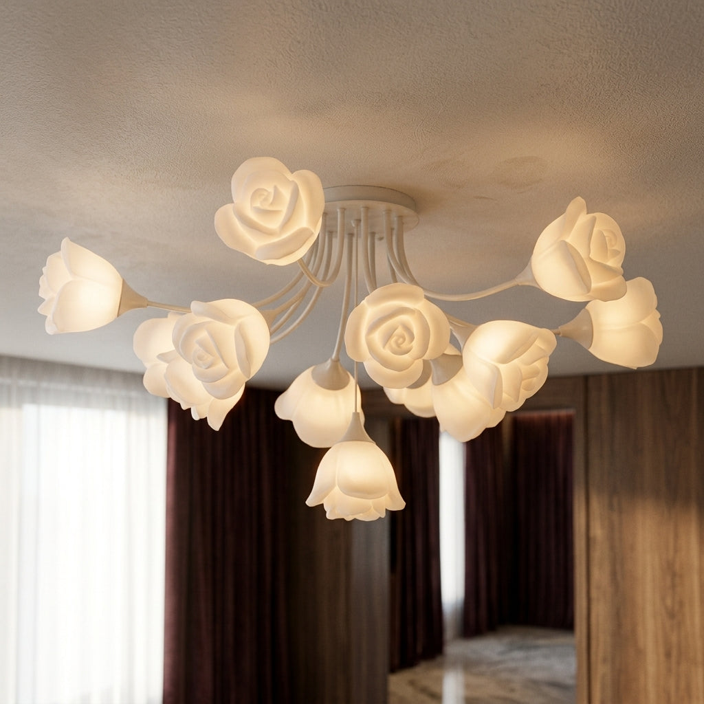 French Glass Flower LED Ceiling Lamp - Hot Bent Floral Shades on Brushed Nickel Frame