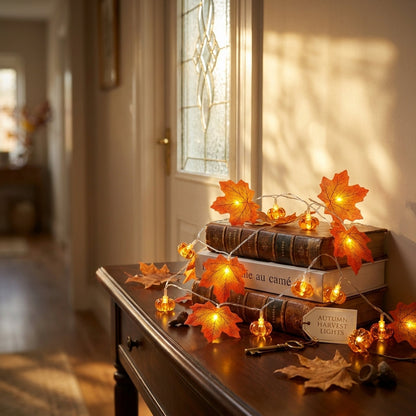 Pumpkin & Maple Leaf Fall String Lights - Warm White LED for Mantel, Window & Doorway