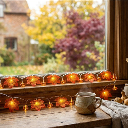 Pumpkin & Maple Leaf Fall String Lights - Warm White LED for Mantel, Window & Doorway
