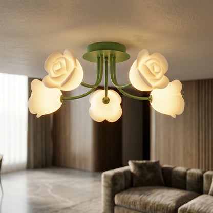 French Glass Flower LED Ceiling Lamp - Hot Bent Floral Shades on Brushed Nickel Frame