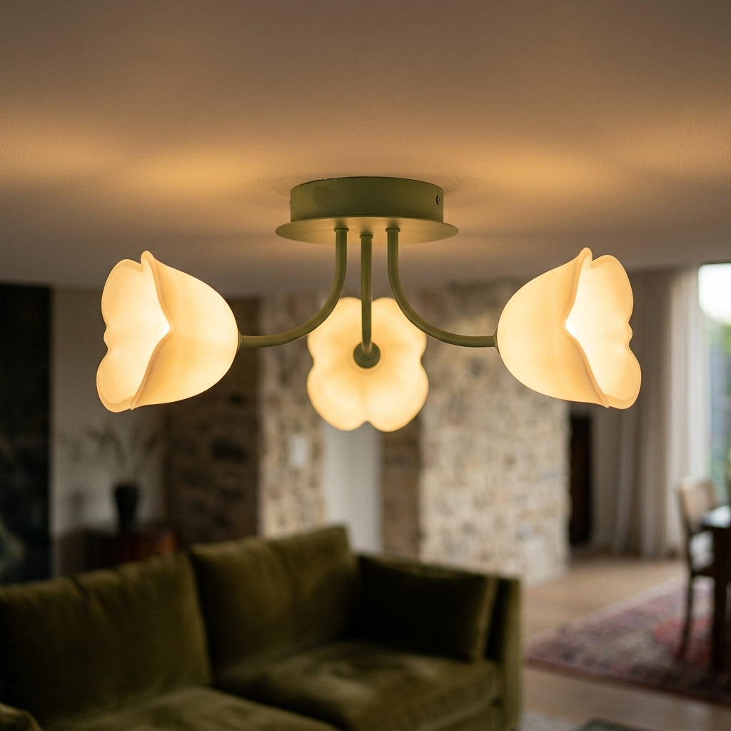 French Glass Flower LED Ceiling Lamp - Hot Bent Floral Shades on Brushed Nickel Frame