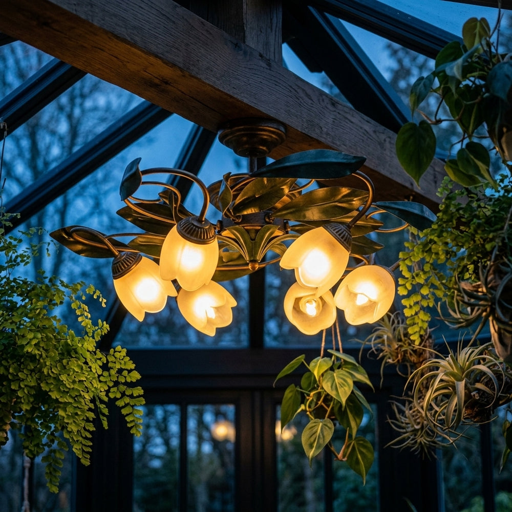 Vintage Iron Flower Ceiling Light - Gold Multi-Arm Glass Chandelier for Hallway & Villa