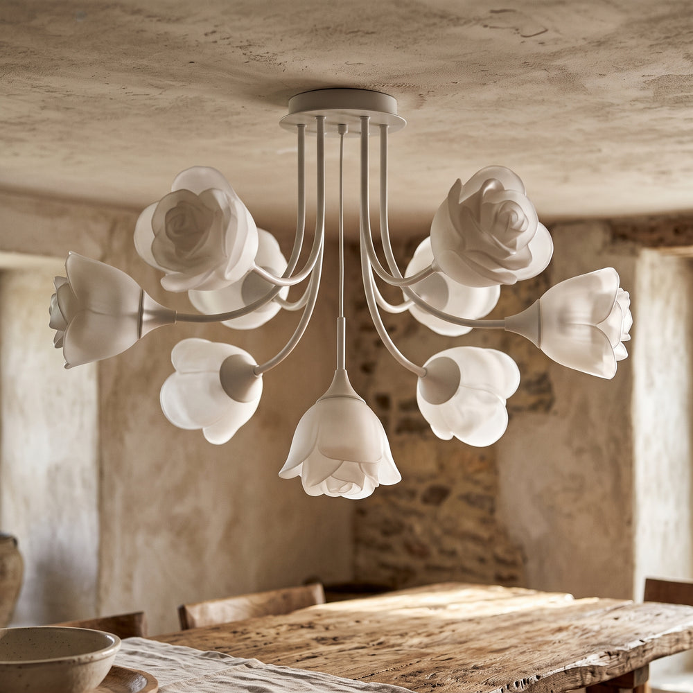 French Glass Flower LED Ceiling Lamp - Hot Bent Floral Shades on Brushed Nickel Frame