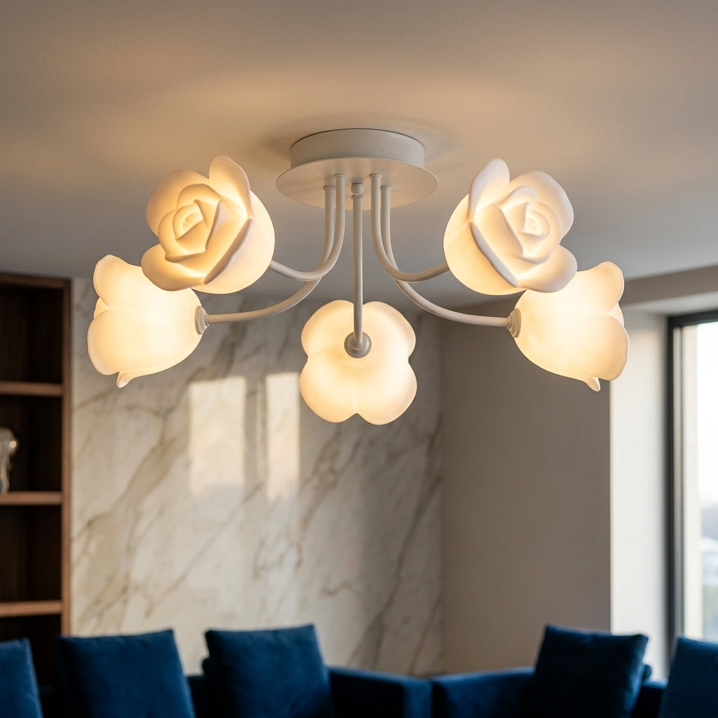 French Glass Flower LED Ceiling Lamp - Hot Bent Floral Shades on Brushed Nickel Frame