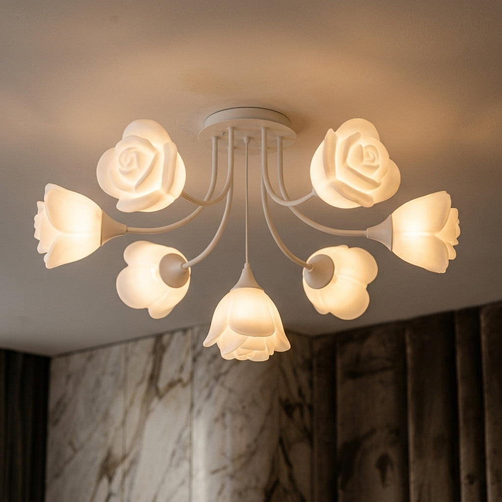 French Glass Flower LED Ceiling Lamp - Hot Bent Floral Shades on Brushed Nickel Frame