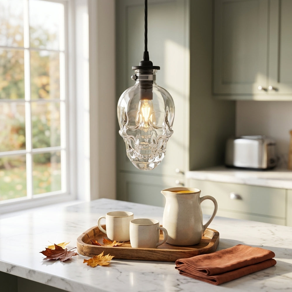 Skull Glass Pendant Light - Art Deco Cord Pendant Lamp with Glass Shade and Polished Chrome Finish for Bars, Studios and Statement Corners