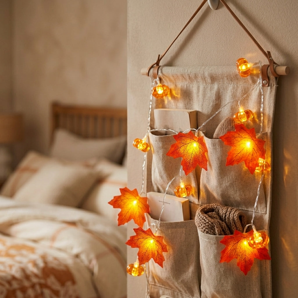 Pumpkin & Maple Leaf Fall String Lights - Warm White LED for Mantel, Window & Doorway