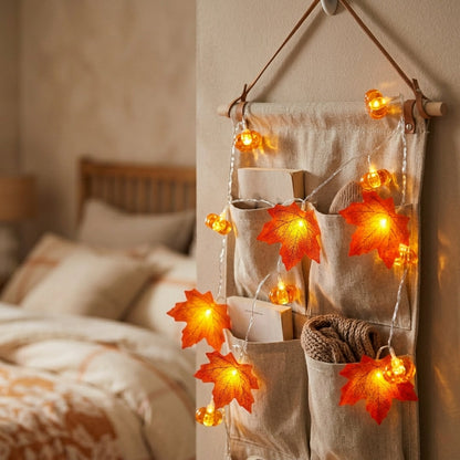 Pumpkin & Maple Leaf Fall String Lights - Warm White LED for Mantel, Window & Doorway