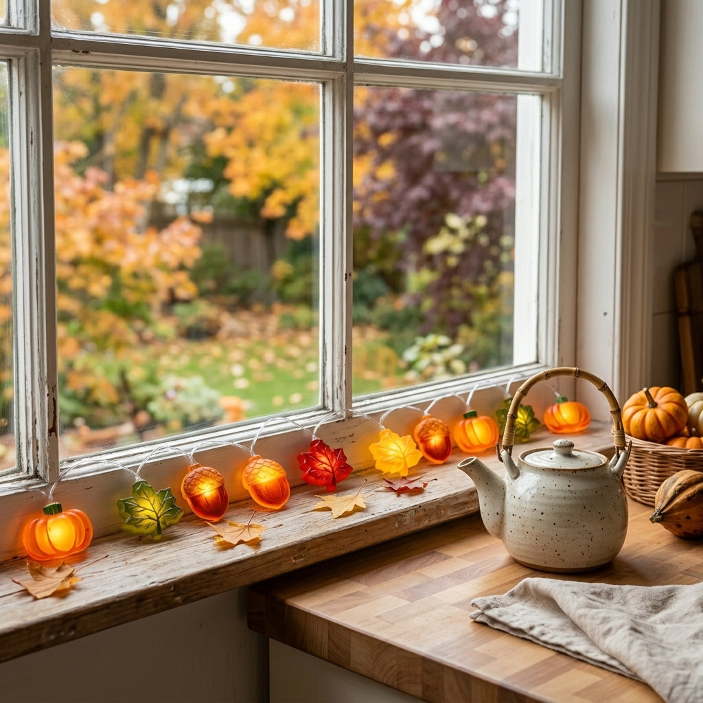Halloween Pumpkin String Lights - Acorn & Leaf LED Fairy Lights for Doorway & Mantel