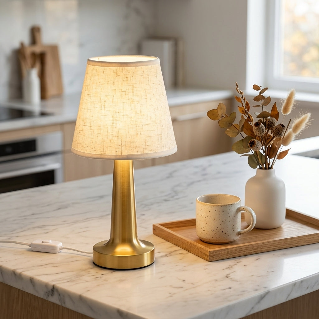 Linen Shade Table Lamp - USB Powered Warm Reading Lamp with Ivory Linen Shade and Gold Base for Bedside Tables, Desks and Home Workspaces