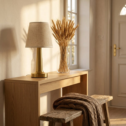 Linen Shade Table Lamp - USB Powered Warm Reading Lamp with Ivory Linen Shade and Gold Base for Bedside Tables, Desks and Home Workspaces