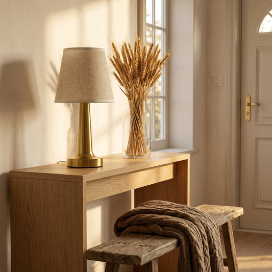 Linen Shade Table Lamp - USB Powered Warm Reading Lamp with Ivory Linen Shade and Gold Base for Bedside Tables, Desks and Home Workspaces