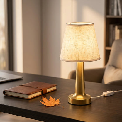 Linen Shade Table Lamp - USB Powered Warm Reading Lamp with Ivory Linen Shade and Gold Base for Bedside Tables, Desks and Home Workspaces