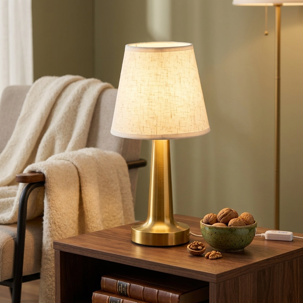 Linen Shade Table Lamp - USB Powered Warm Reading Lamp with Ivory Linen Shade and Gold Base for Bedside Tables, Desks and Home Workspaces