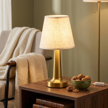 Linen Shade Table Lamp - USB Powered Warm Reading Lamp with Ivory Linen Shade and Gold Base for Bedside Tables, Desks and Home Workspaces