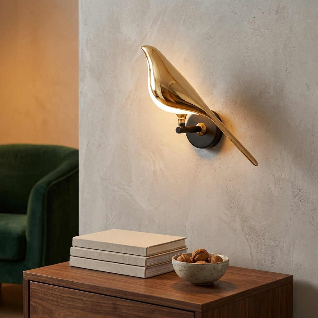 Nordic Bird Wall Lamp - Rotatable Gold LED Sconce with Remote for Bedside & Living Room