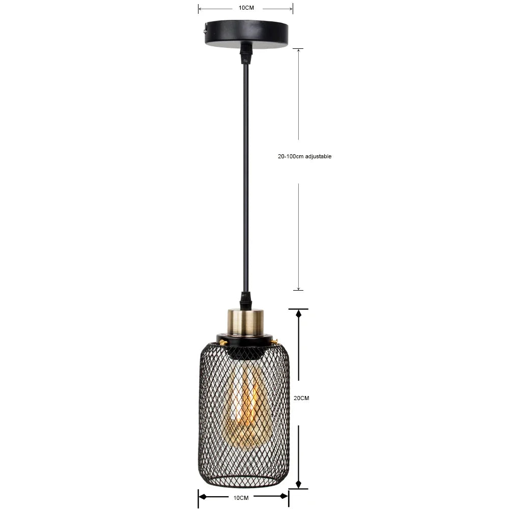 Industrial Cage Pendant Light - Black Metal E27 Hanging Lamp for Kitchen Island & Cafe