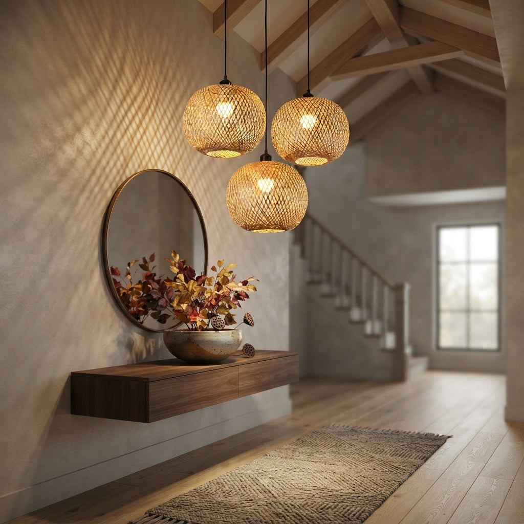 Bamboo Rattan Pendant Light - 20cm Woven Lantern Shade