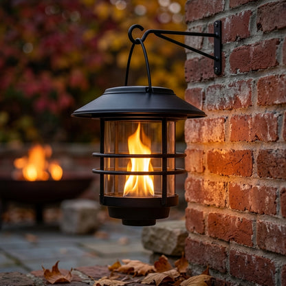 Solar Flame Effect Hanging Lantern - Glass & Metal Weatherproof Wall or Fence Light