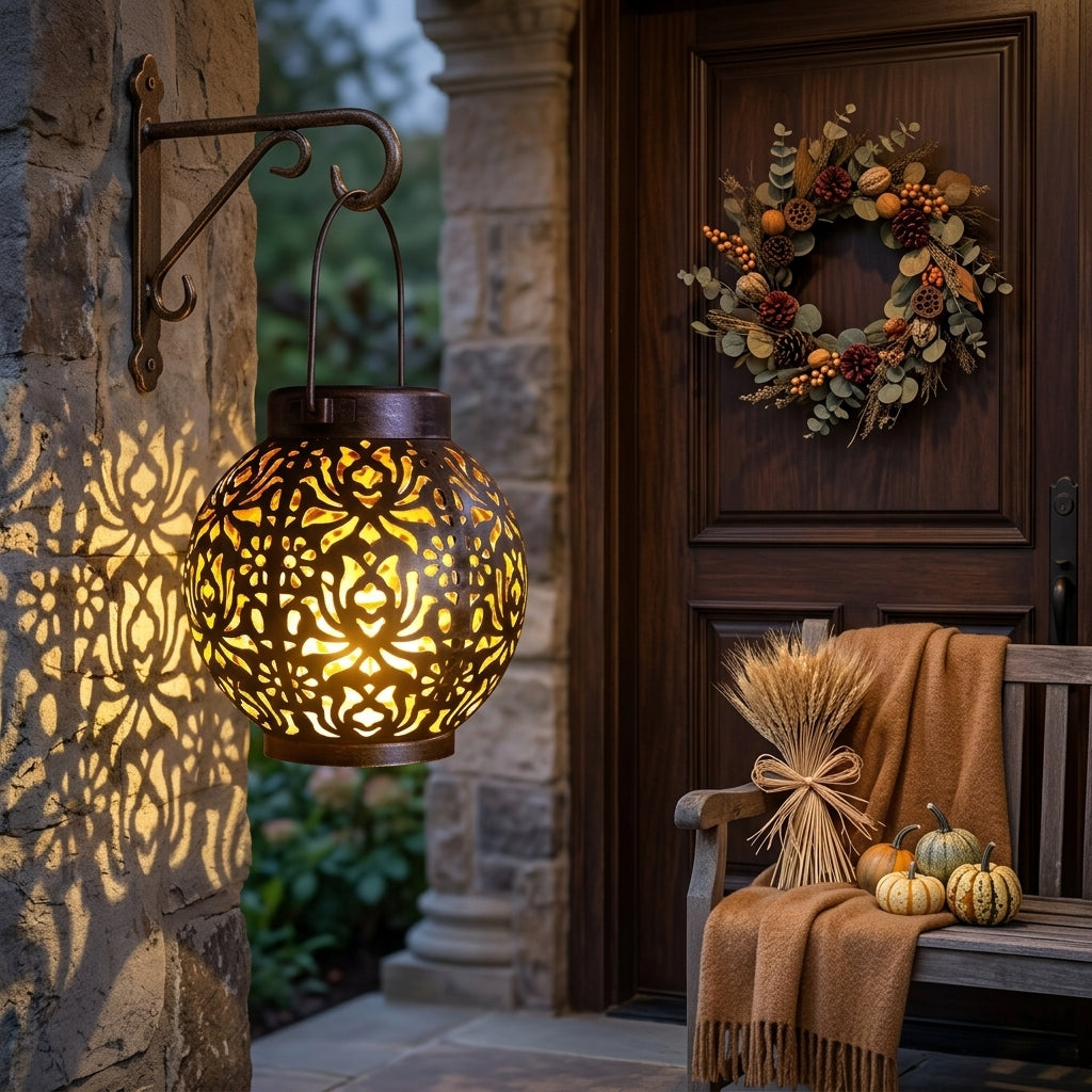 Solar Hanging Lantern with Projection - Iron Hollow Pattern Garden Light 15 x 17cm