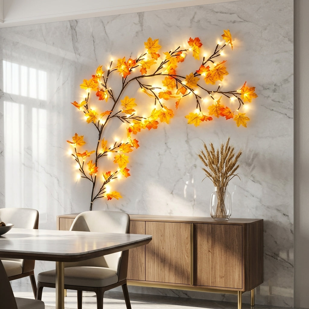 Maple Leaf Branch Garland - 150cm Bendable 48 LED Twig Vine Light with USB Power for Walls, Mantels and Thanksgiving Table Decor