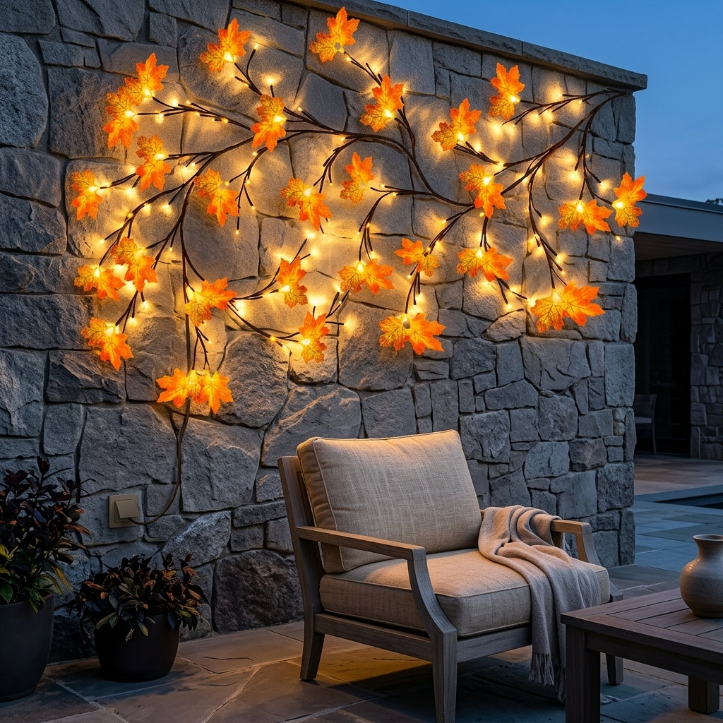 Maple Leaf Branch Garland - 150cm Bendable 48 LED Twig Vine Light with USB Power for Walls, Mantels and Thanksgiving Table Decor